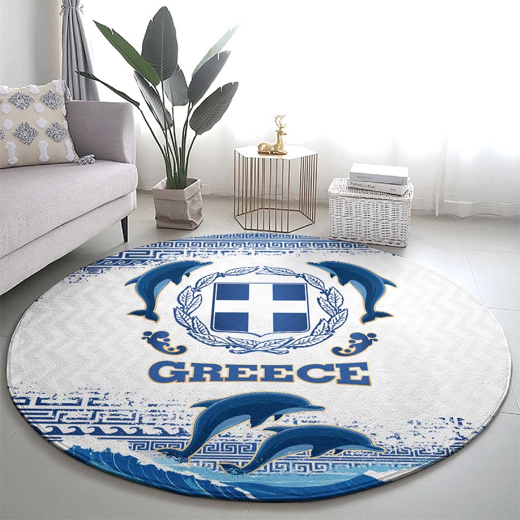 Greece Dolphin Round Carpet with Greek Key Pattern and Ocean Wave Design