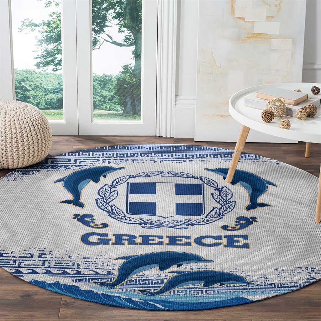Greece Dolphin Round Carpet with Greek Key Pattern and Ocean Wave Design