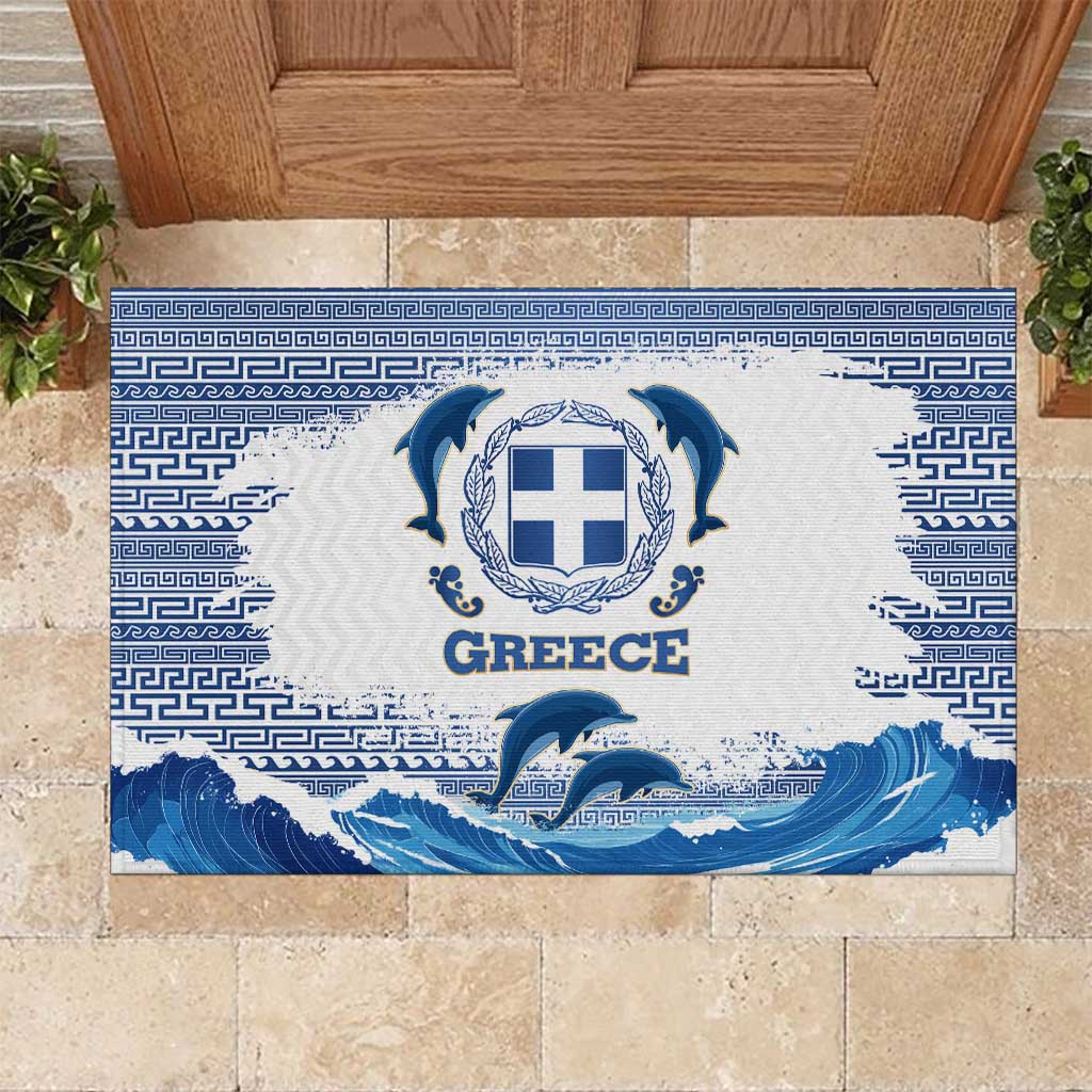 Greece Dolphin Rubber Doormat with Greek Key Pattern and Ocean Wave Design