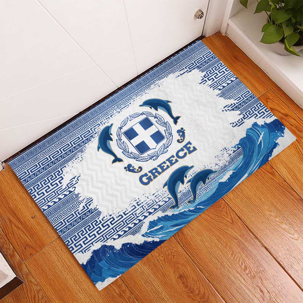 Greece Dolphin Rubber Doormat with Greek Key Pattern and Ocean Wave Design