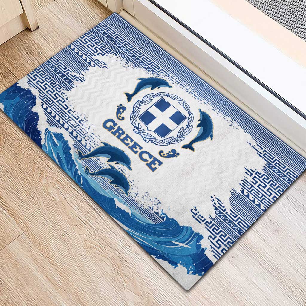 Greece Dolphin Rubber Doormat with Greek Key Pattern and Ocean Wave Design