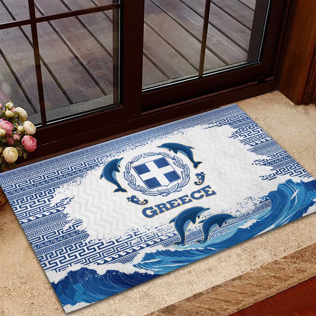Greece Dolphin Rubber Doormat with Greek Key Pattern and Ocean Wave Design
