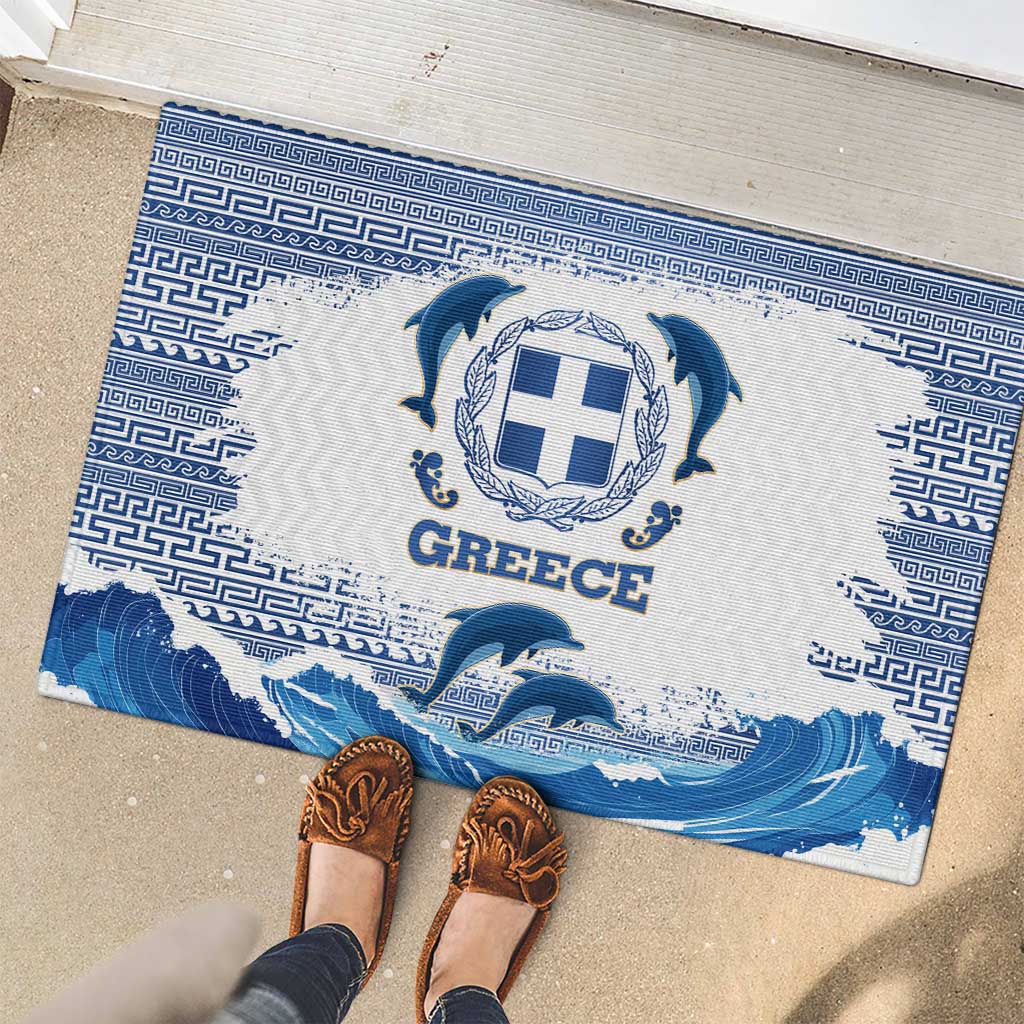 Greece Dolphin Rubber Doormat with Greek Key Pattern and Ocean Wave Design