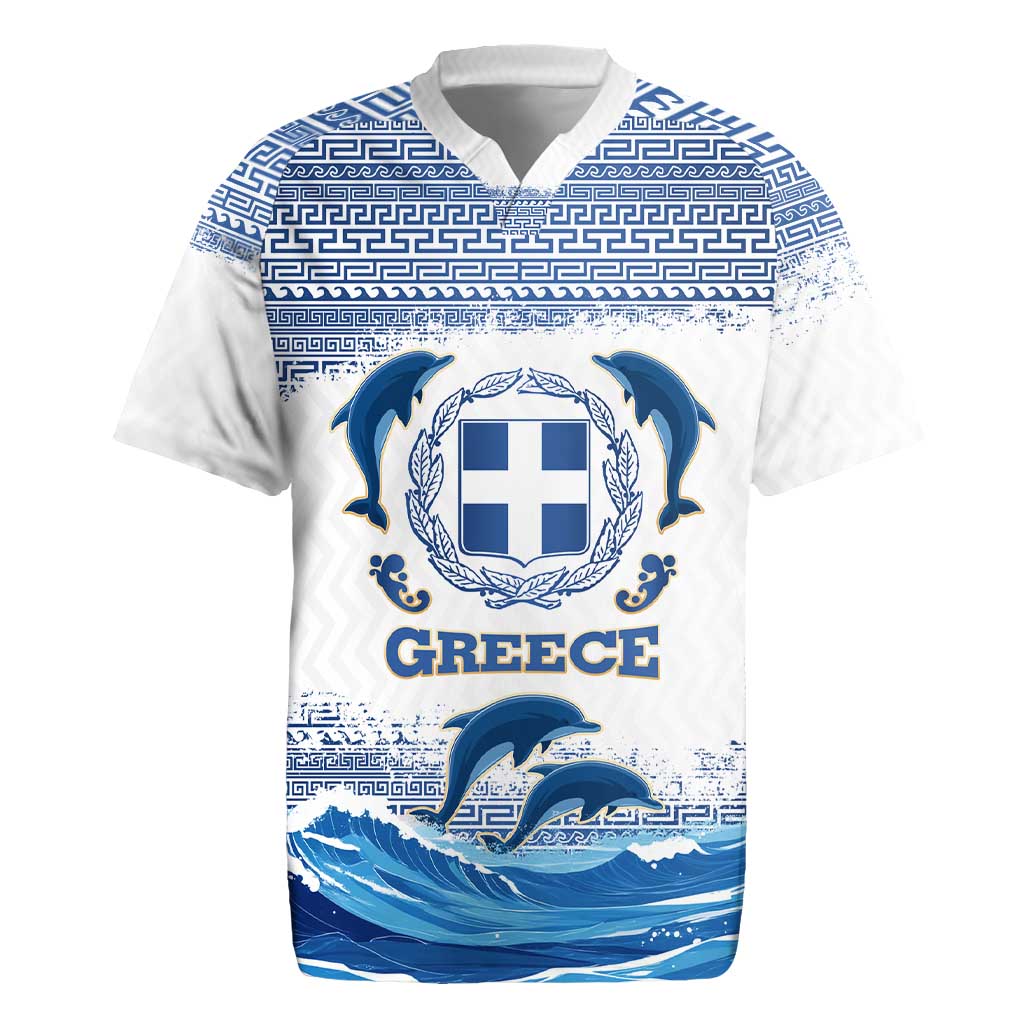 Greece Dolphin Rugby Jersey with Greek Key Pattern and Ocean Wave Design