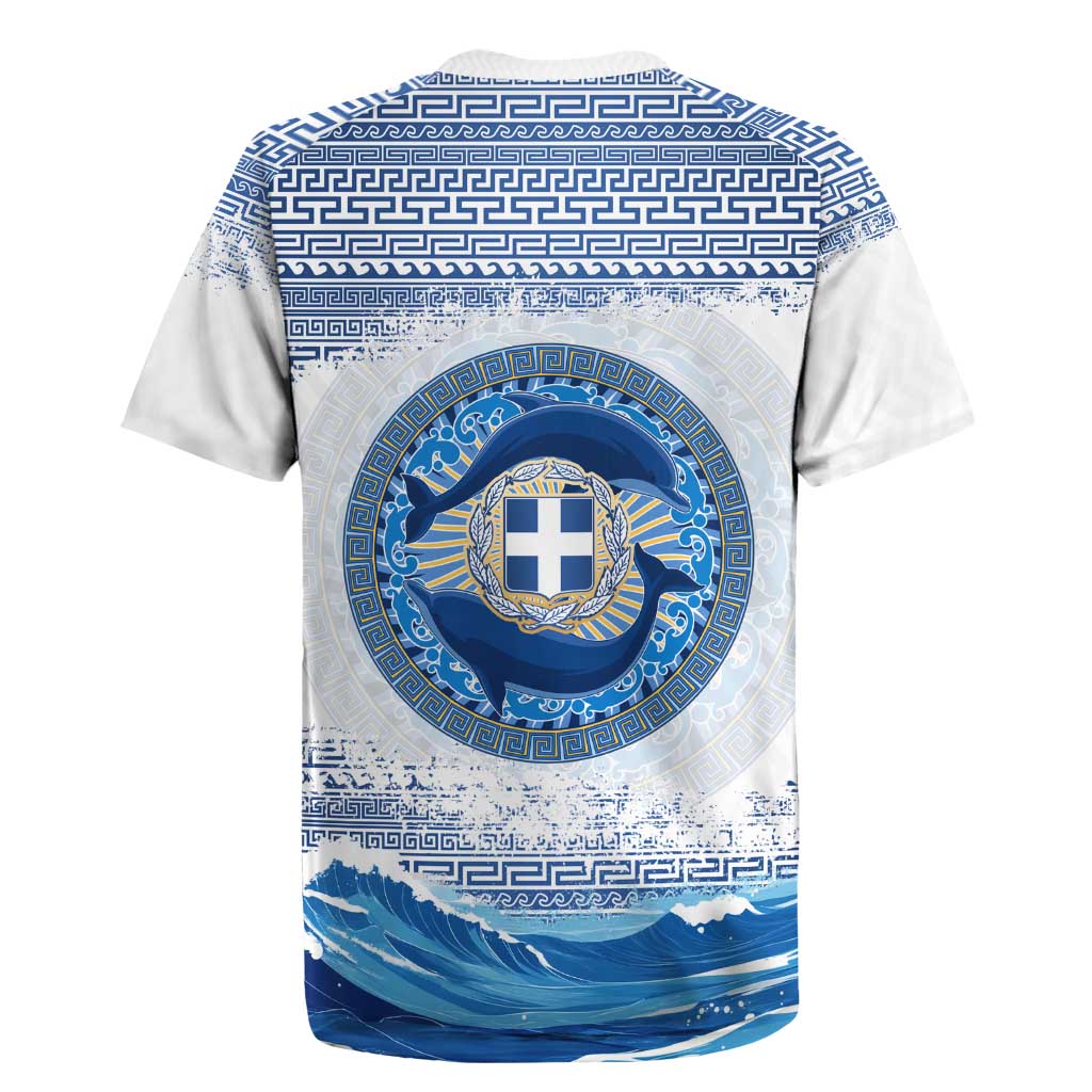 Greece Dolphin Rugby Jersey with Greek Key Pattern and Ocean Wave Design