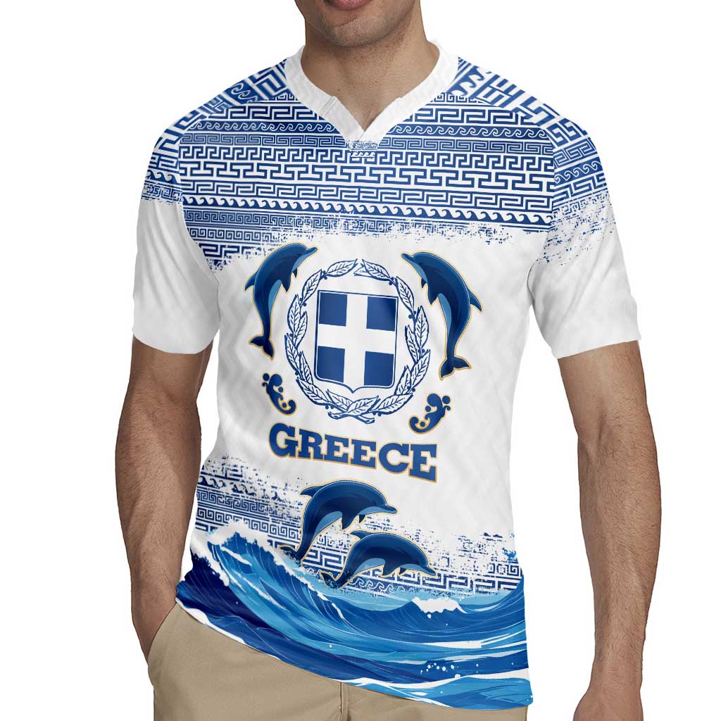 Greece Dolphin Rugby Jersey with Greek Key Pattern and Ocean Wave Design