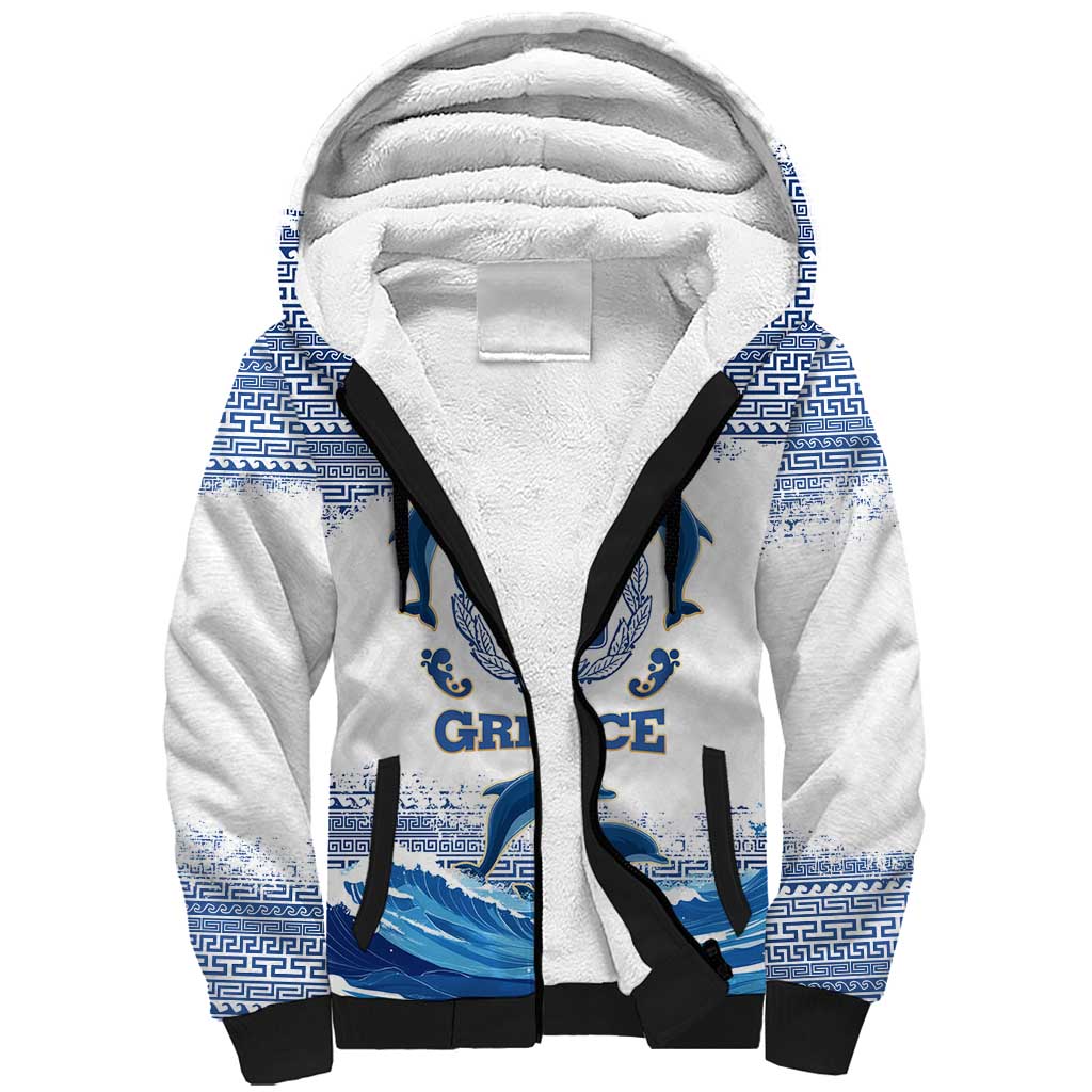 Greece Dolphin Sherpa Hoodie with Greek Key Pattern and Ocean Wave Design