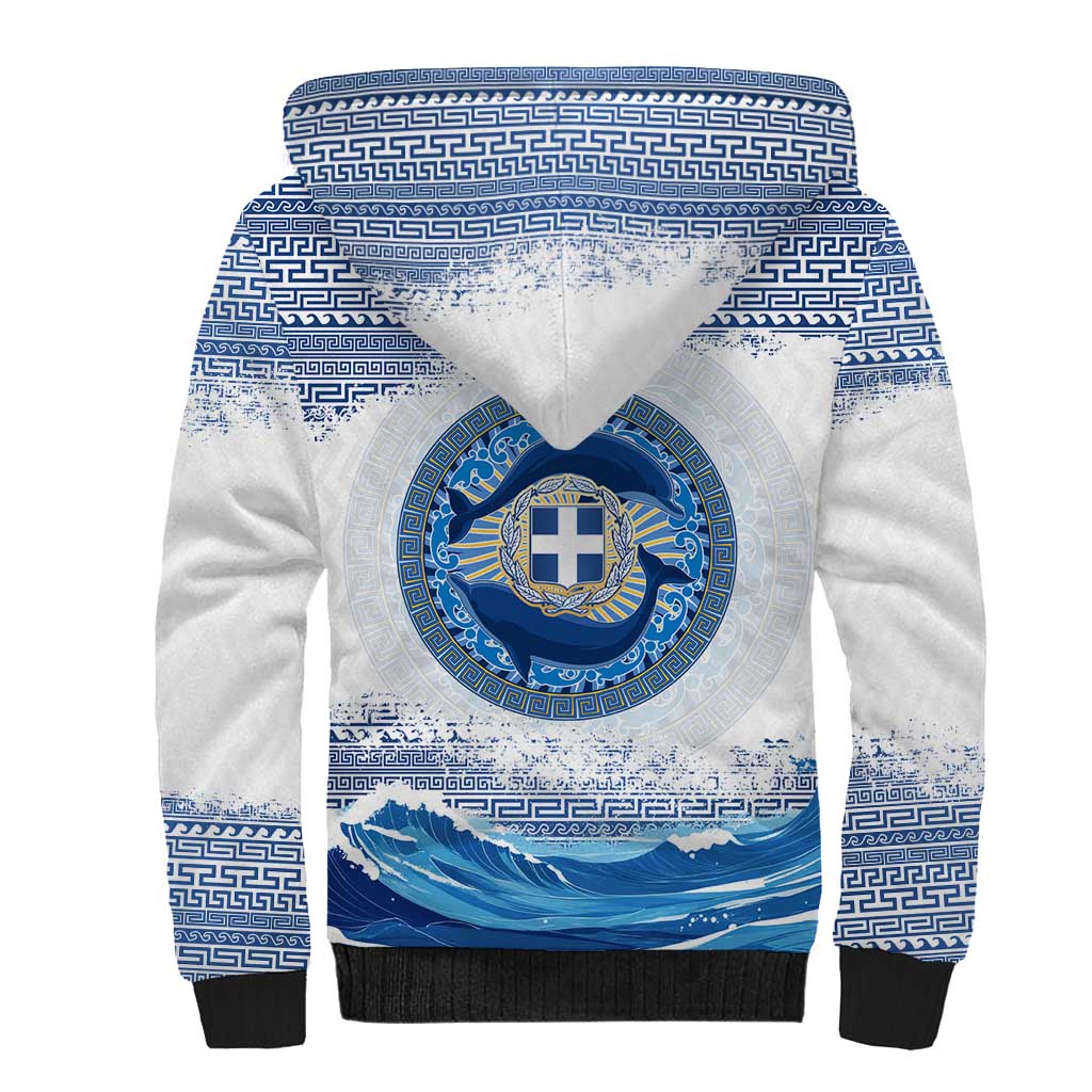 Greece Dolphin Sherpa Hoodie with Greek Key Pattern and Ocean Wave Design