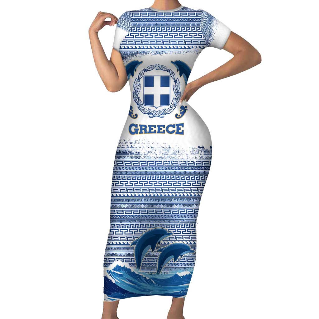 Greece Dolphin Short Sleeve Bodycon Dress with Greek Key Pattern and Ocean Wave Design