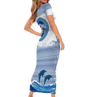 Greece Dolphin Short Sleeve Bodycon Dress with Greek Key Pattern and Ocean Wave Design