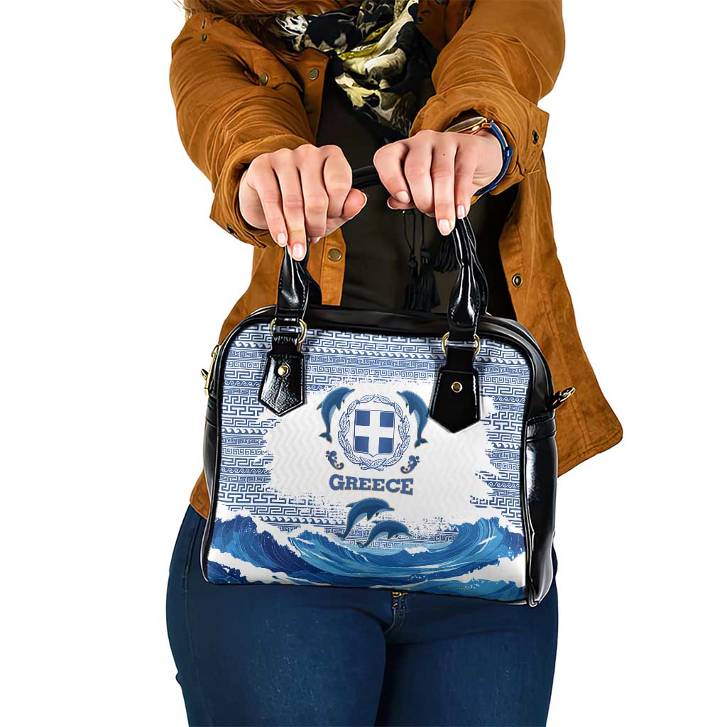 Greece Dolphin Shoulder Handbag with Greek Key Pattern and Ocean Wave Design