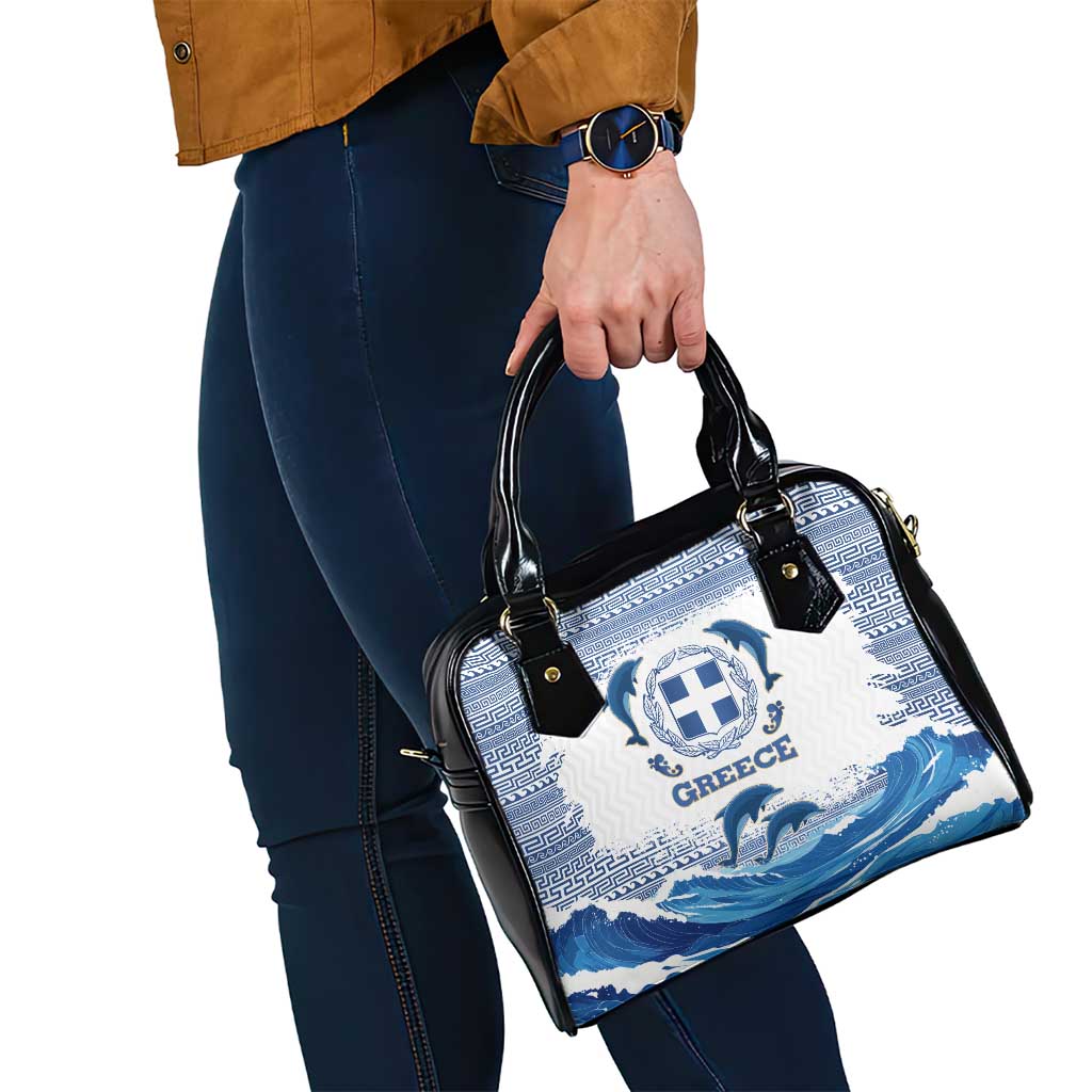 Greece Dolphin Shoulder Handbag with Greek Key Pattern and Ocean Wave Design