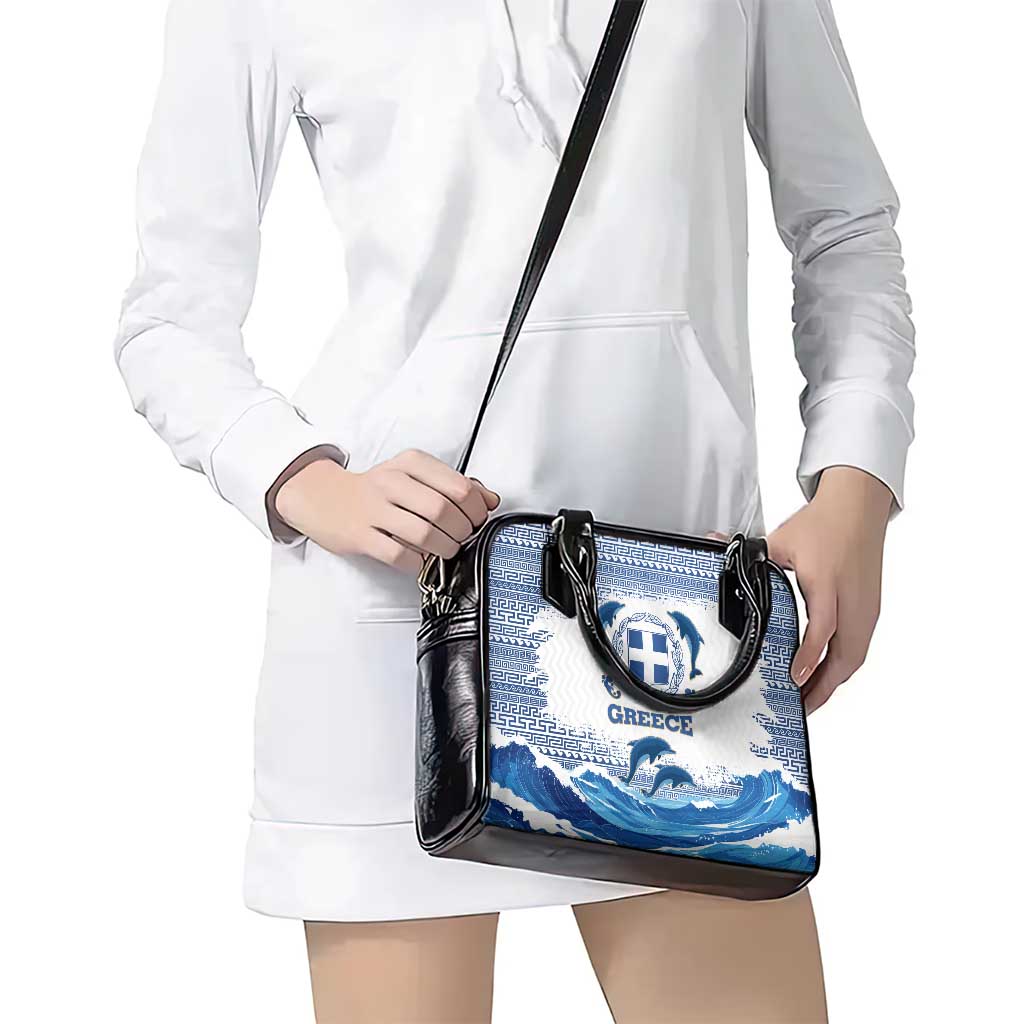 Greece Dolphin Shoulder Handbag with Greek Key Pattern and Ocean Wave Design