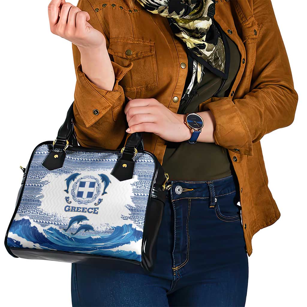 Greece Dolphin Shoulder Handbag with Greek Key Pattern and Ocean Wave Design