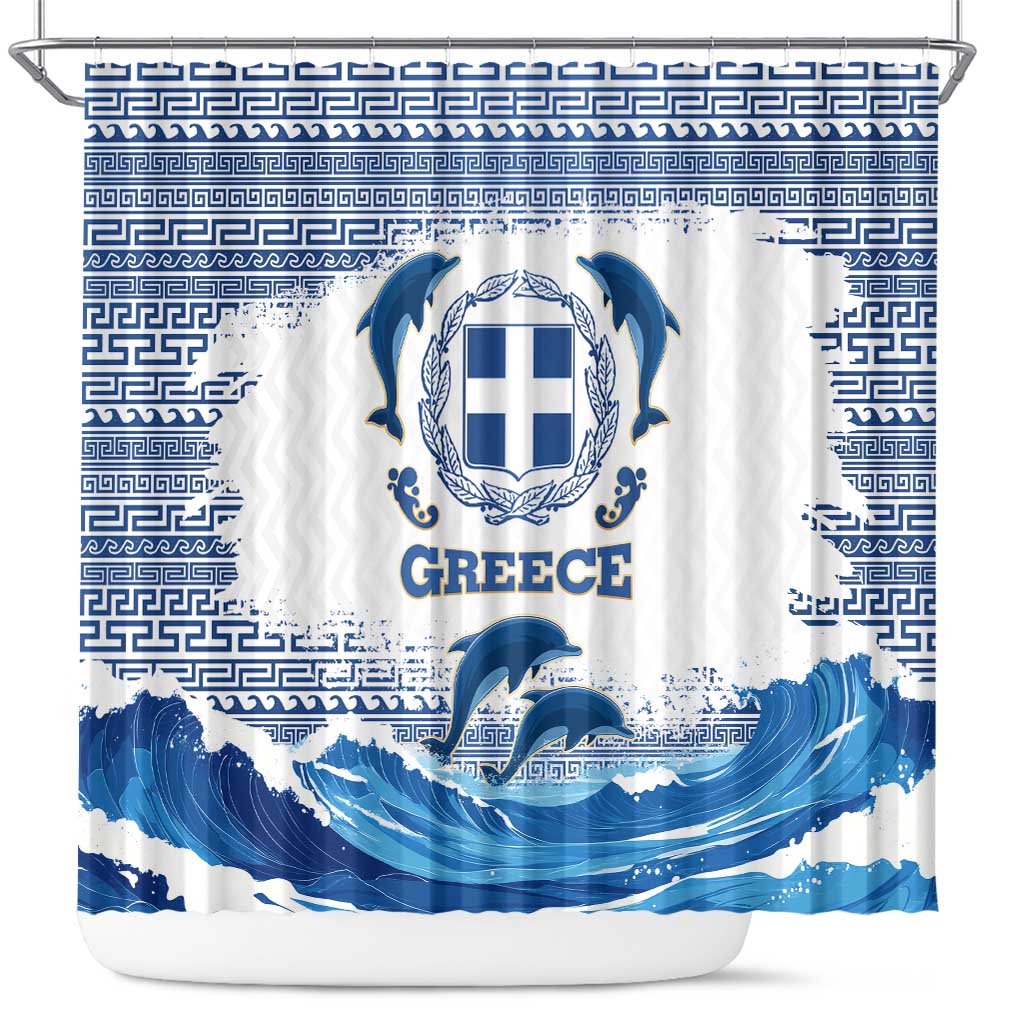 Greece Dolphin Shower Curtain with Greek Key Pattern and Ocean Wave Design