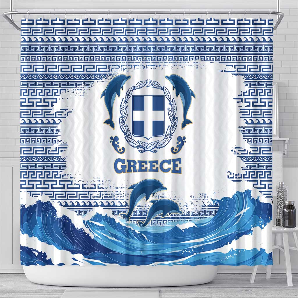 Greece Dolphin Shower Curtain with Greek Key Pattern and Ocean Wave Design
