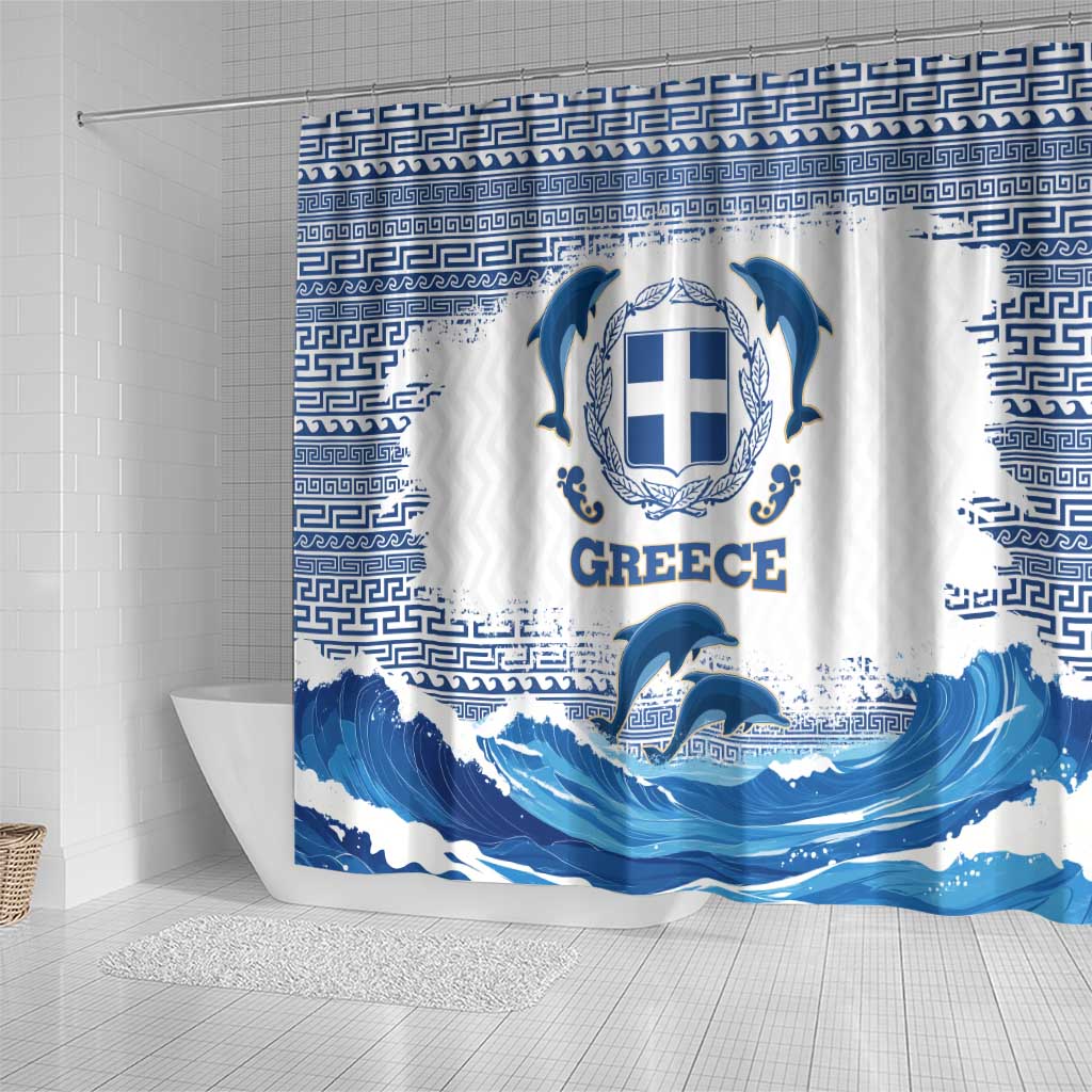 Greece Dolphin Shower Curtain with Greek Key Pattern and Ocean Wave Design