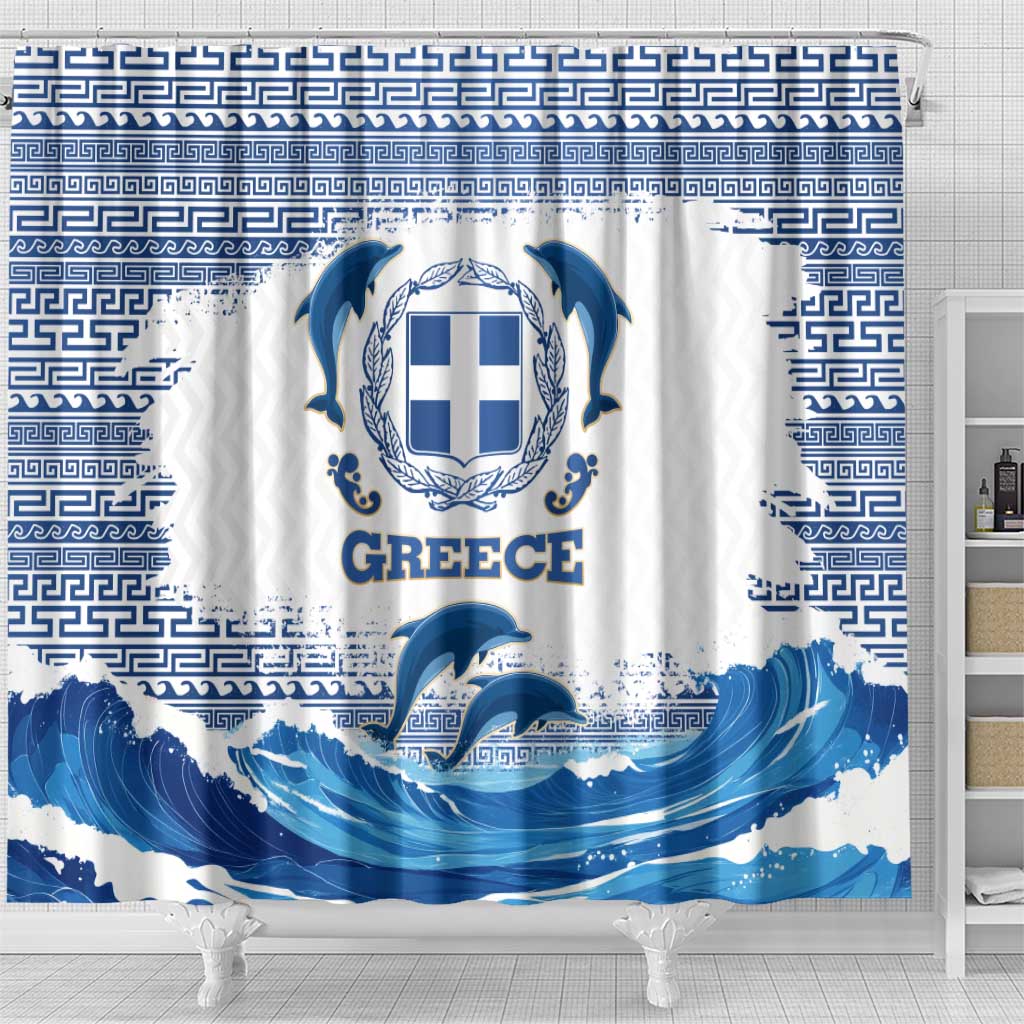 Greece Dolphin Shower Curtain with Greek Key Pattern and Ocean Wave Design