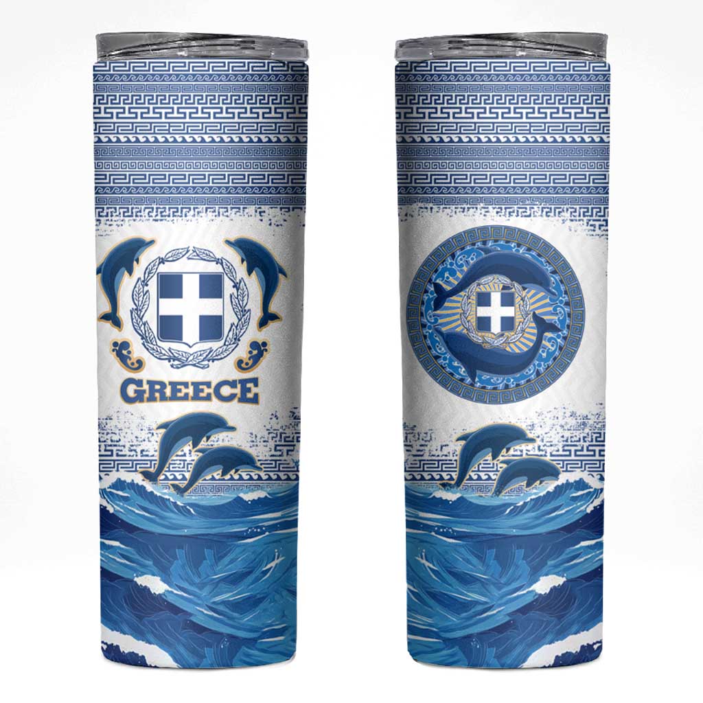Greece Dolphin Skinny Tumbler with Greek Key Pattern and Ocean Wave Design