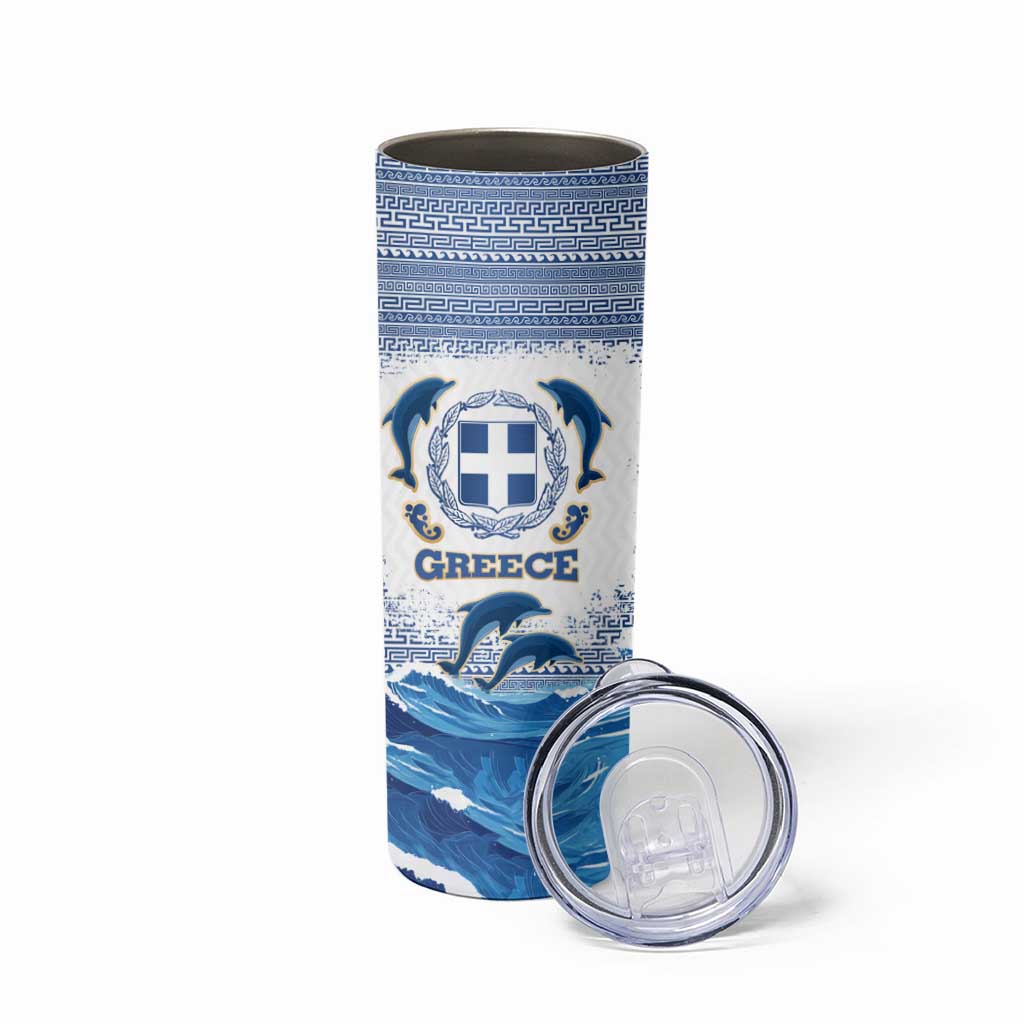 Greece Dolphin Skinny Tumbler with Greek Key Pattern and Ocean Wave Design