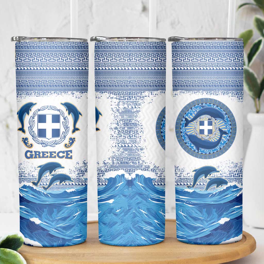 Greece Dolphin Skinny Tumbler with Greek Key Pattern and Ocean Wave Design