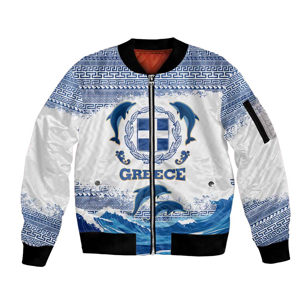 Greece Dolphin Sleeve Zip Bomber Jacket with Greek Key Pattern and Ocean Wave Design