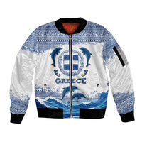 Greece Dolphin Sleeve Zip Bomber Jacket with Greek Key Pattern and Ocean Wave Design