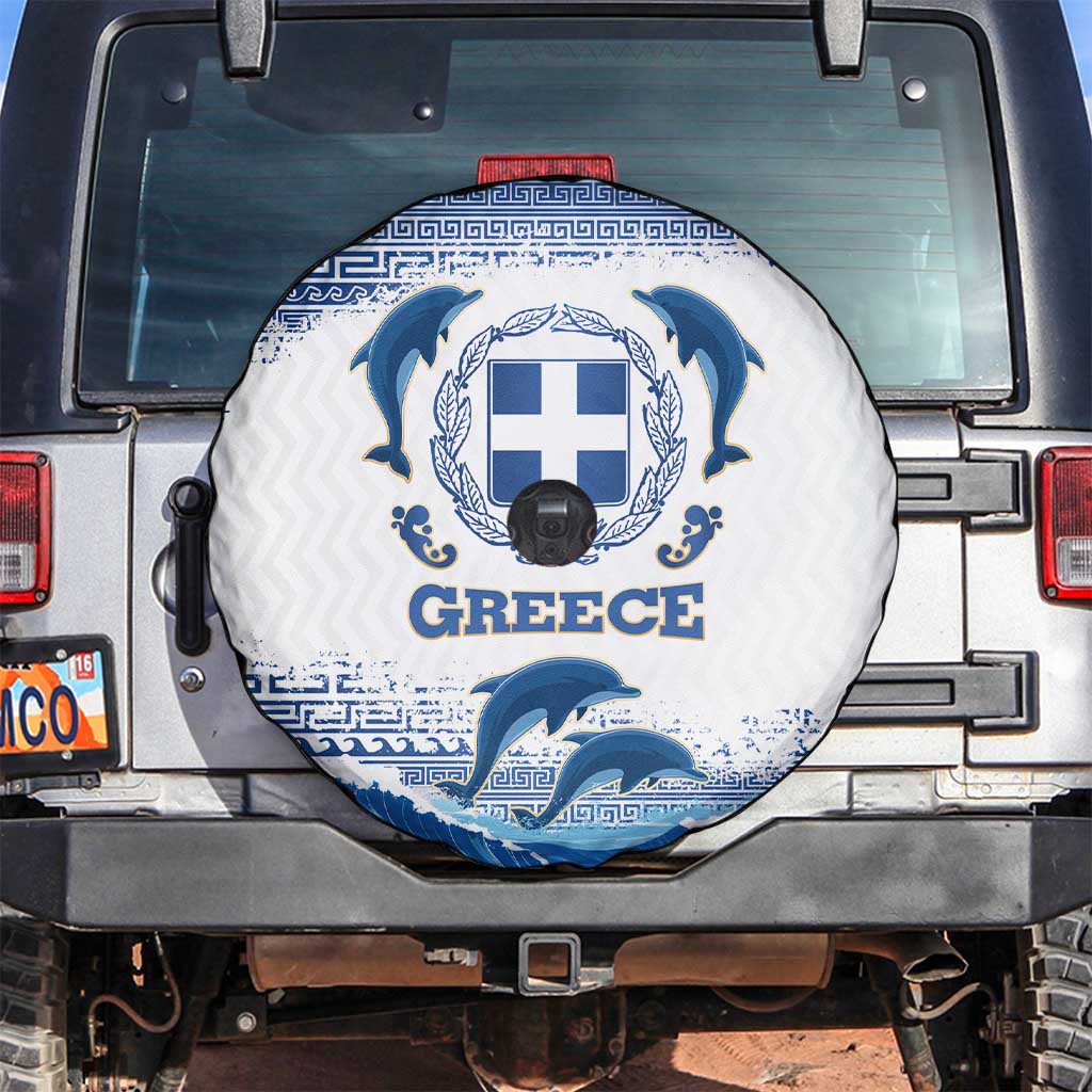 Greece Dolphin Spare Tire Cover with Greek Key Pattern and Ocean Wave Design