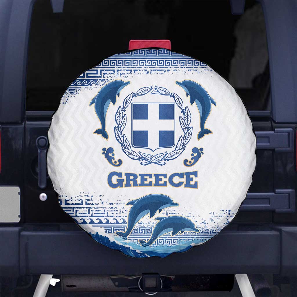 Greece Dolphin Spare Tire Cover with Greek Key Pattern and Ocean Wave Design