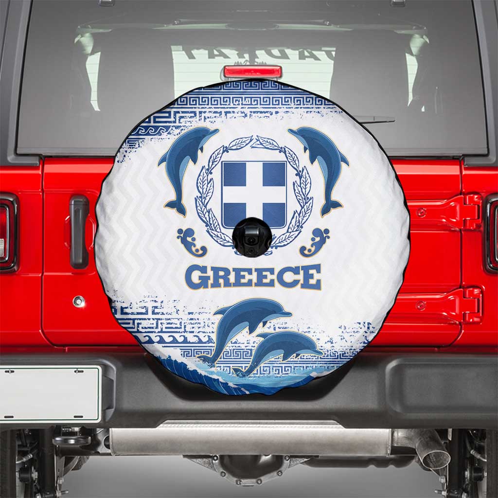 Greece Dolphin Spare Tire Cover with Greek Key Pattern and Ocean Wave Design