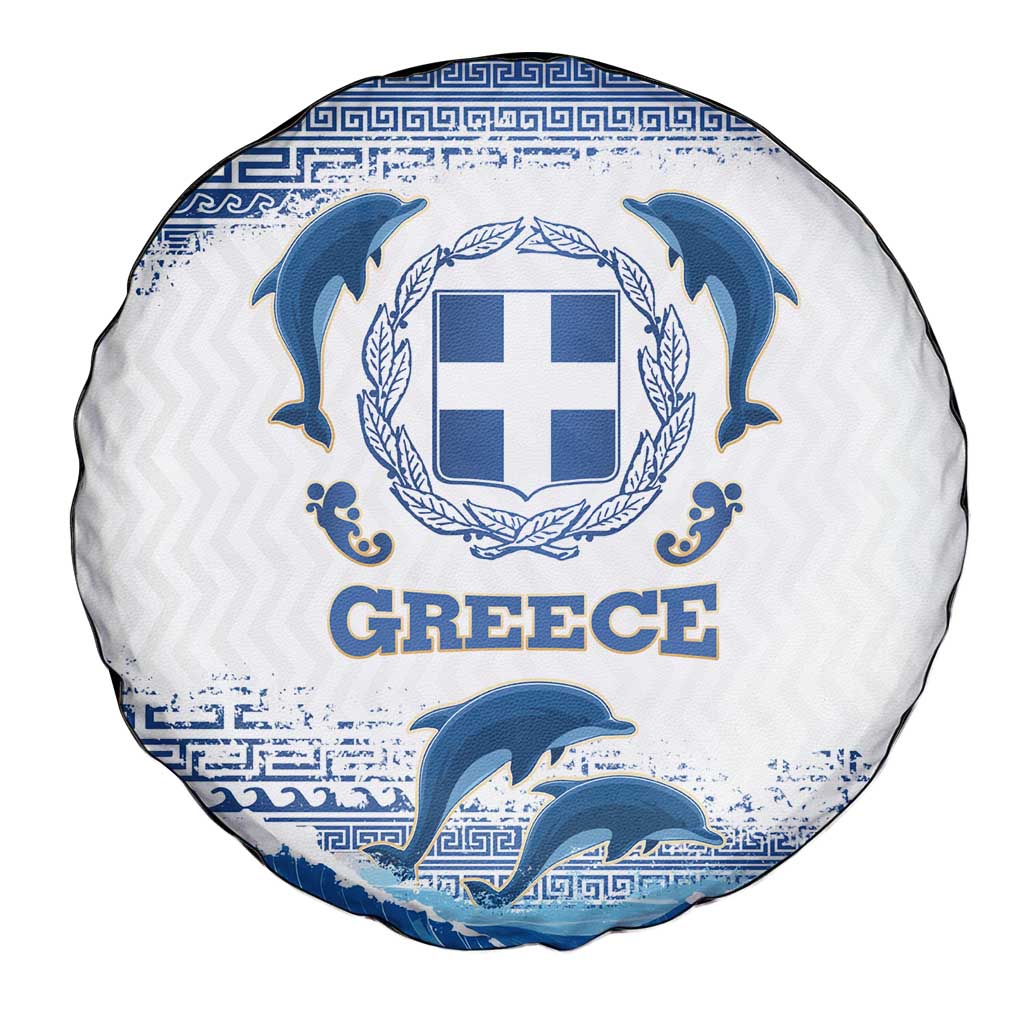 Greece Dolphin Spare Tire Cover with Greek Key Pattern and Ocean Wave Design