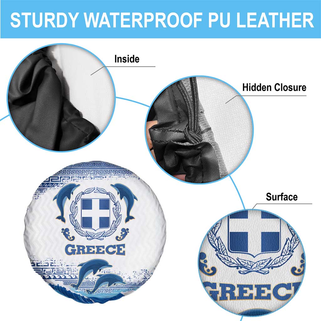 Greece Dolphin Spare Tire Cover with Greek Key Pattern and Ocean Wave Design