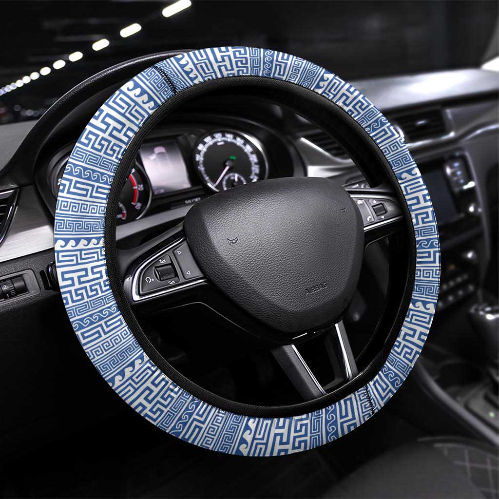 Greece Dolphin Steering Wheel Cover with Greek Key Pattern and Ocean Wave Design