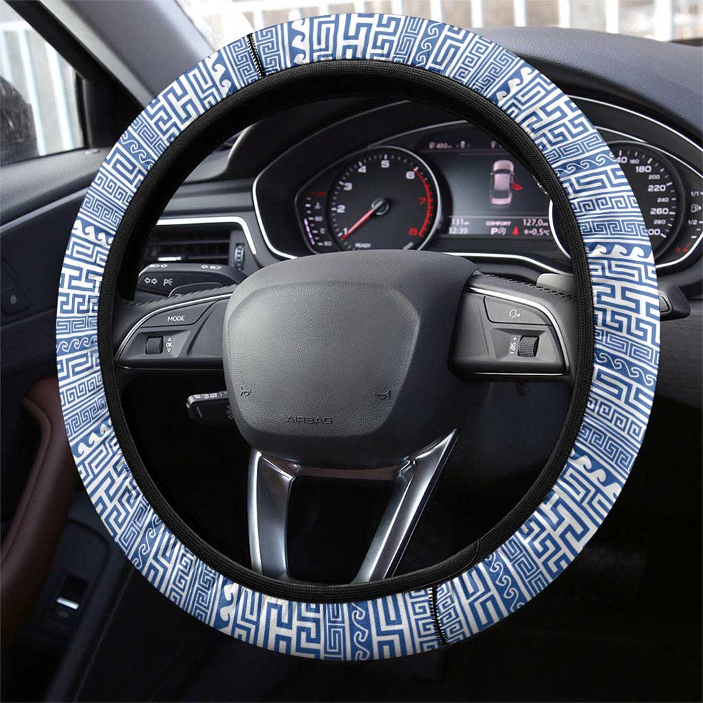 Greece Dolphin Steering Wheel Cover with Greek Key Pattern and Ocean Wave Design