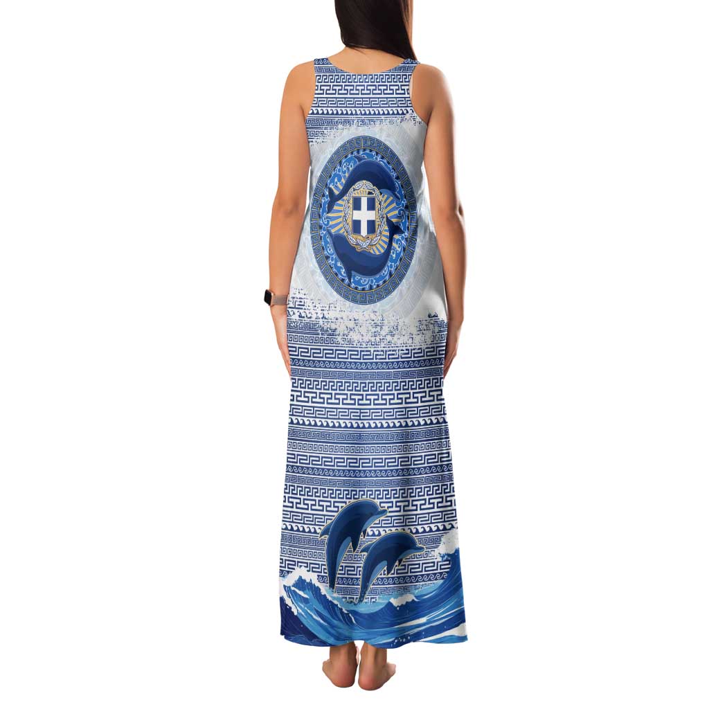 Greece Dolphin Tank Maxi Dress with Greek Key Pattern and Ocean Wave Design