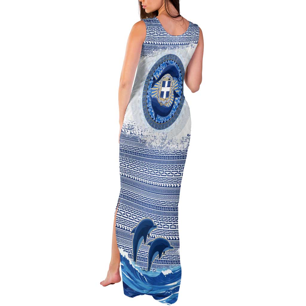 Greece Dolphin Tank Maxi Dress with Greek Key Pattern and Ocean Wave Design