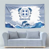 Greece Dolphin Tapestry with Greek Key Pattern and Ocean Wave Design