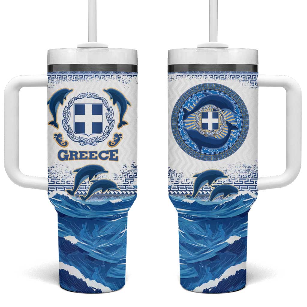 Greece Dolphin Tumbler With Handle with Greek Key Pattern and Ocean Wave Design