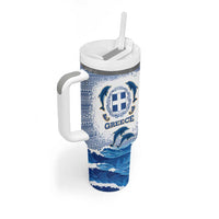 Greece Dolphin Tumbler With Handle with Greek Key Pattern and Ocean Wave Design
