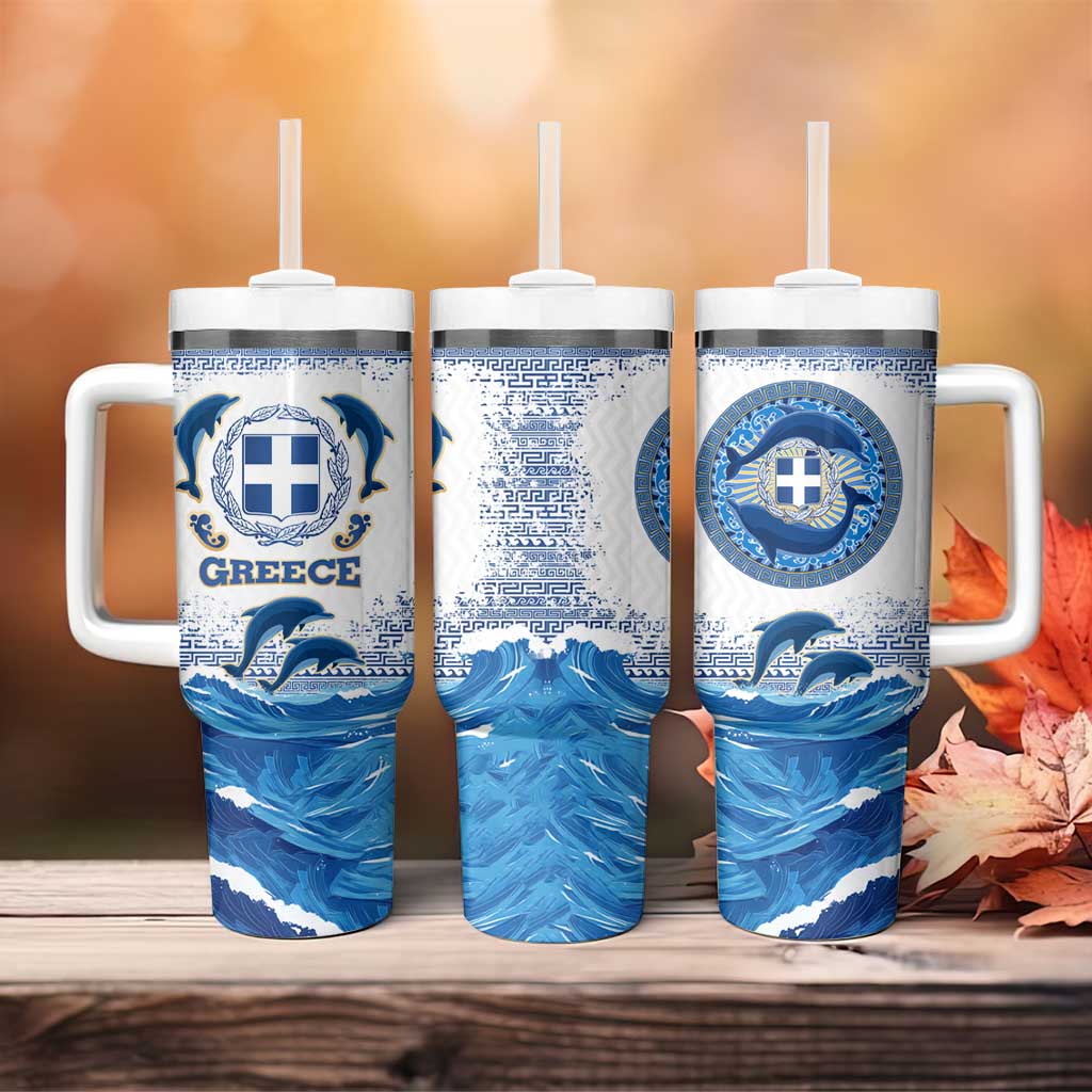 Greece Dolphin Tumbler With Handle with Greek Key Pattern and Ocean Wave Design