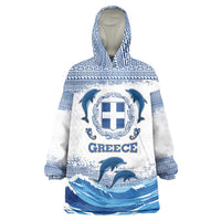 Greece Dolphin Wearable Blanket Hoodie with Greek Key Pattern and Ocean Wave Design