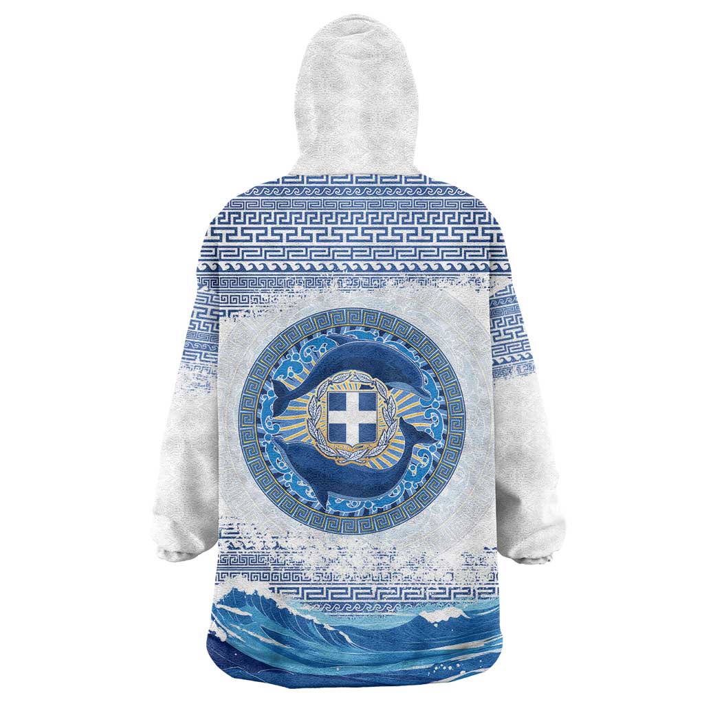 Greece Dolphin Wearable Blanket Hoodie with Greek Key Pattern and Ocean Wave Design