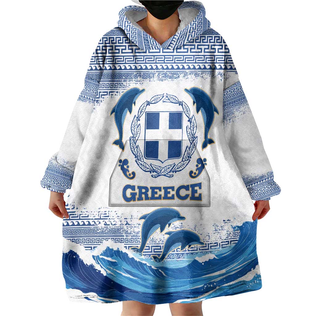 Greece Dolphin Wearable Blanket Hoodie with Greek Key Pattern and Ocean Wave Design