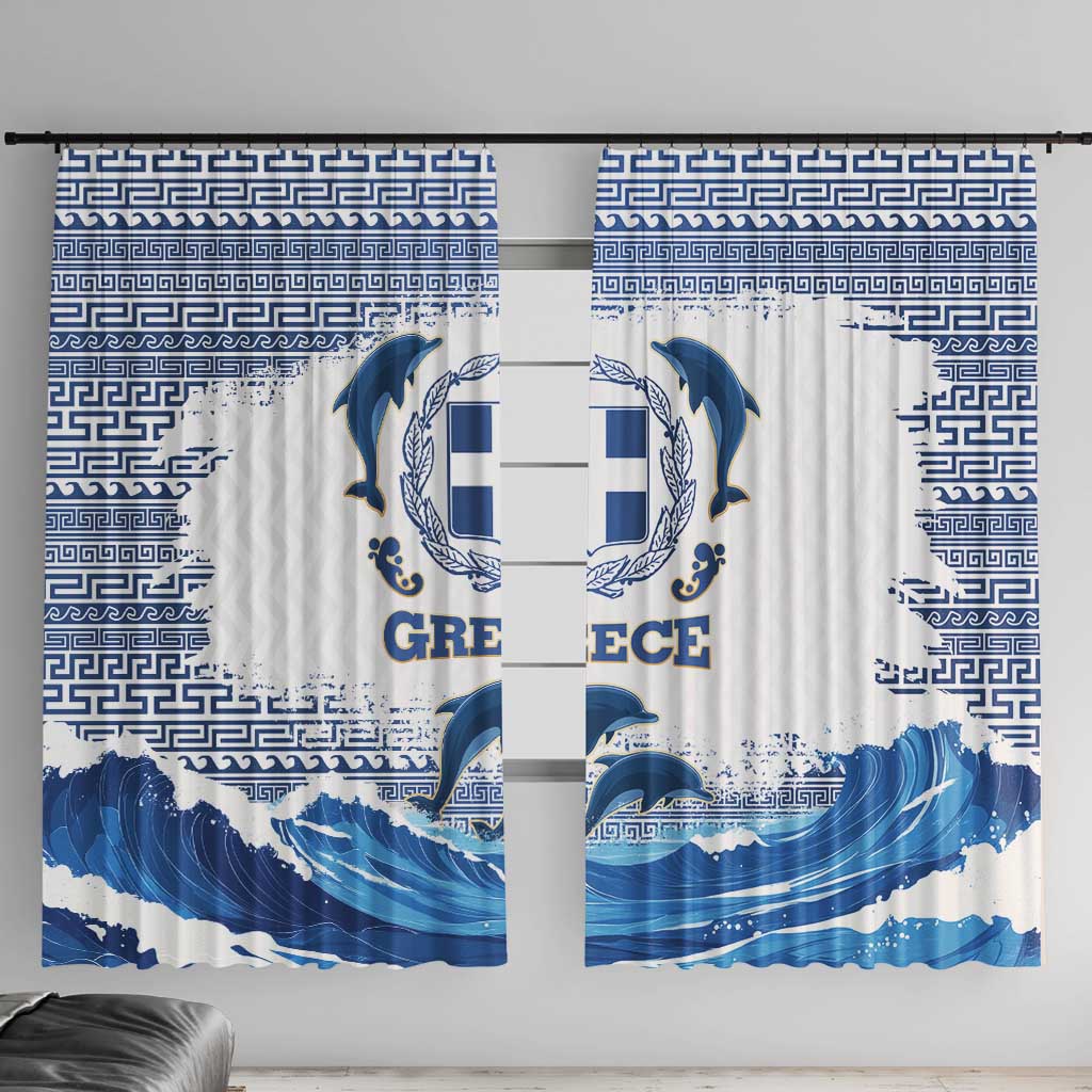 Greece Dolphin Window Curtain with Greek Key Pattern and Ocean Wave Design