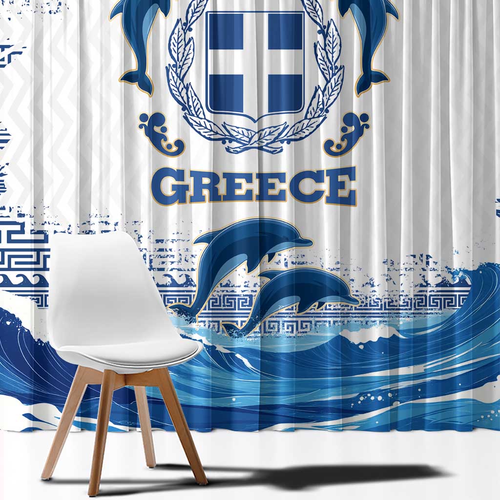 Greece Dolphin Window Curtain with Greek Key Pattern and Ocean Wave Design