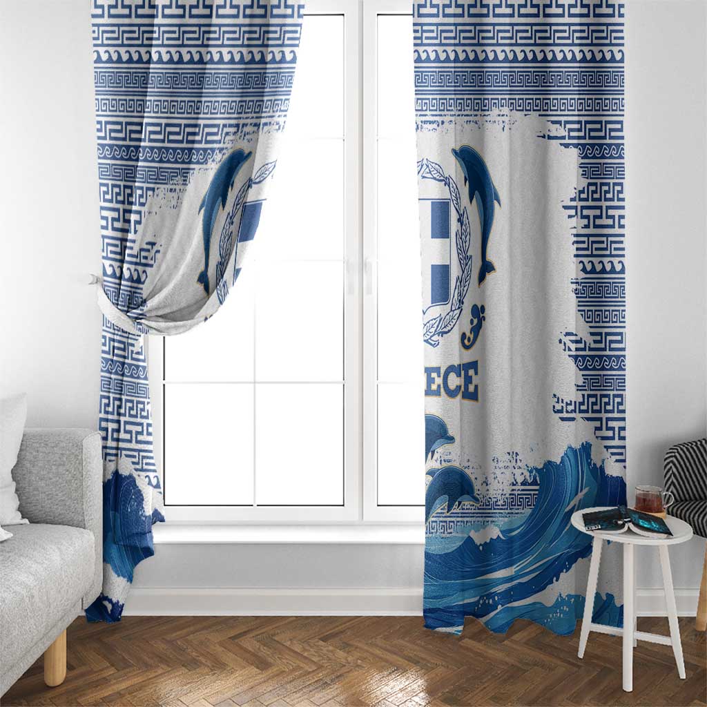 Greece Dolphin Window Curtain with Greek Key Pattern and Ocean Wave Design