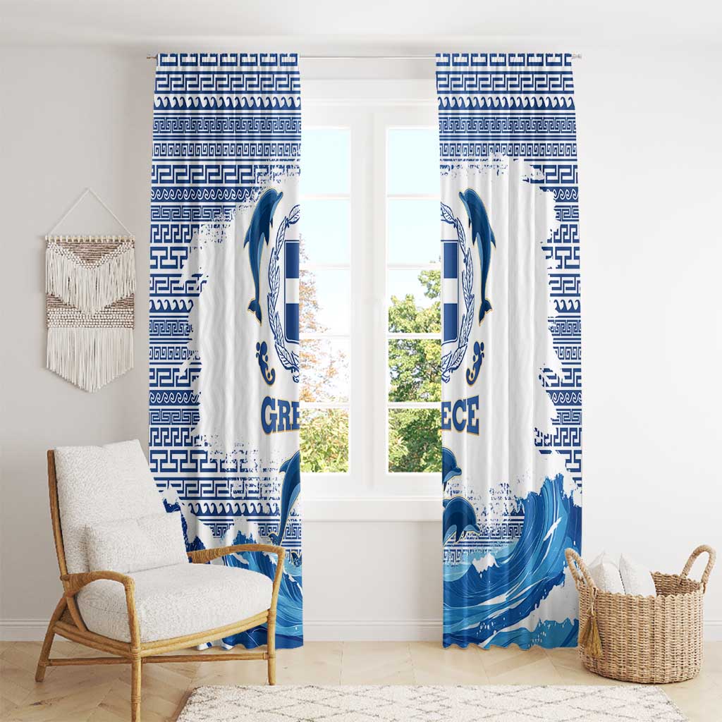 Greece Dolphin Window Curtain with Greek Key Pattern and Ocean Wave Design