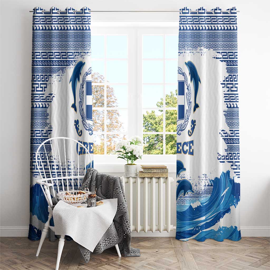 Greece Dolphin Window Curtain with Greek Key Pattern and Ocean Wave Design