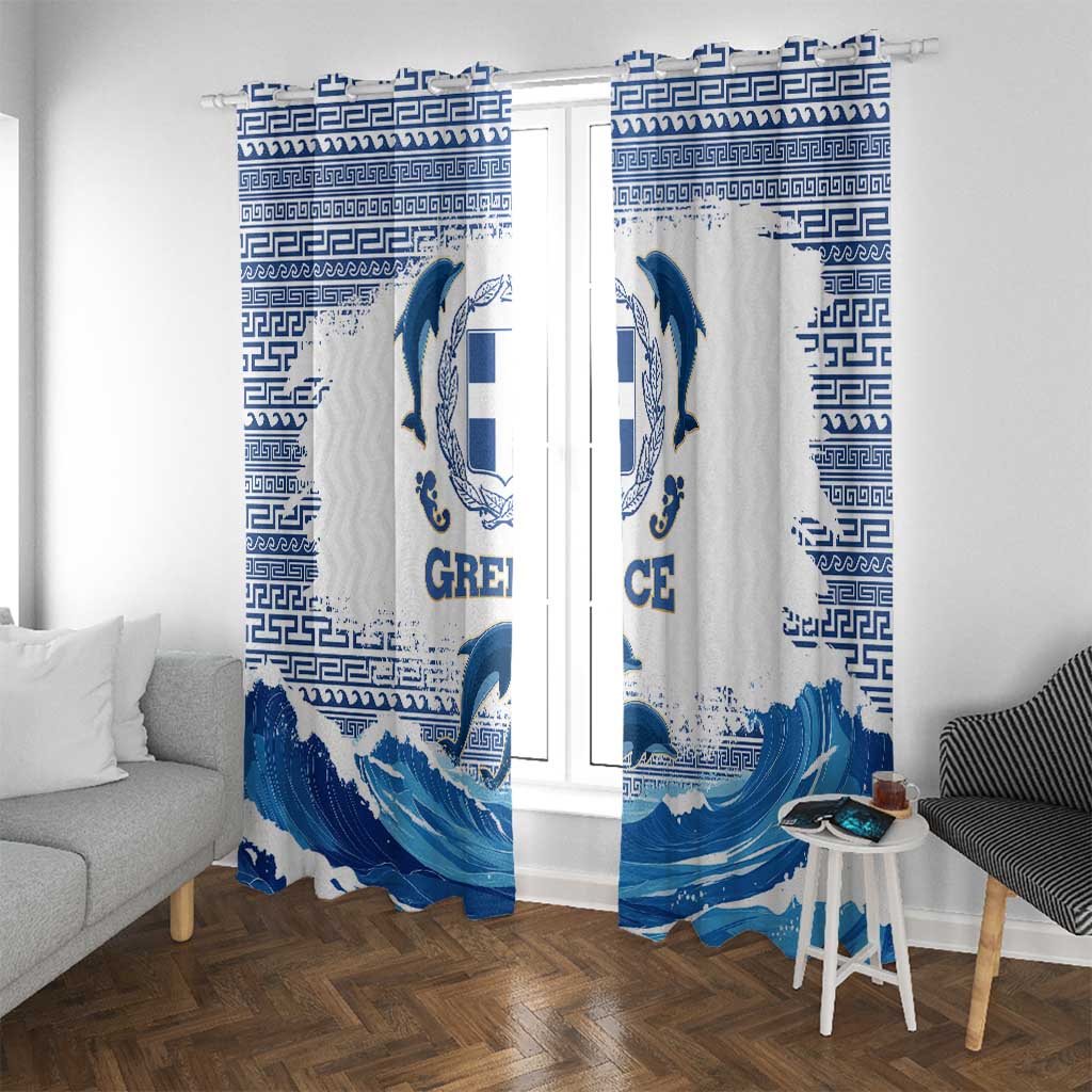 Greece Dolphin Window Curtain with Greek Key Pattern and Ocean Wave Design