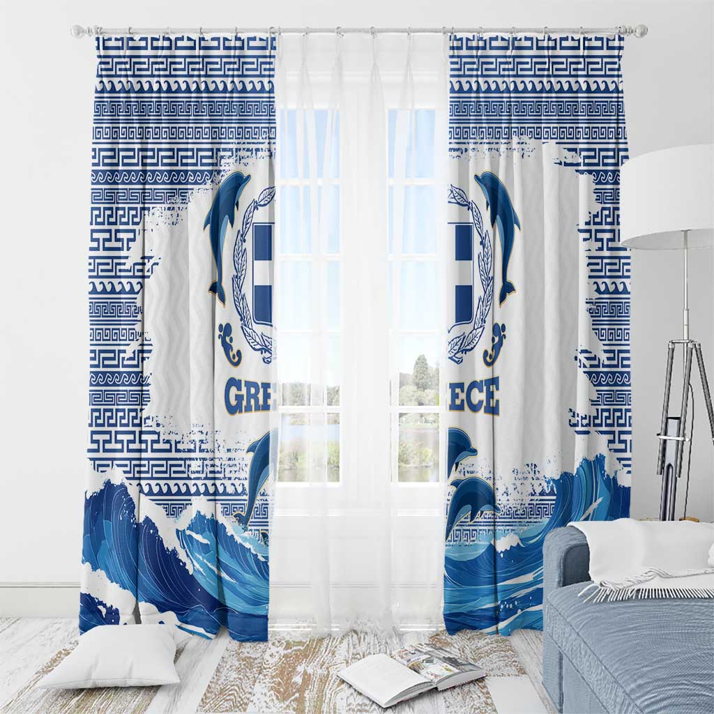 Greece Dolphin Window Curtain with Greek Key Pattern and Ocean Wave Design